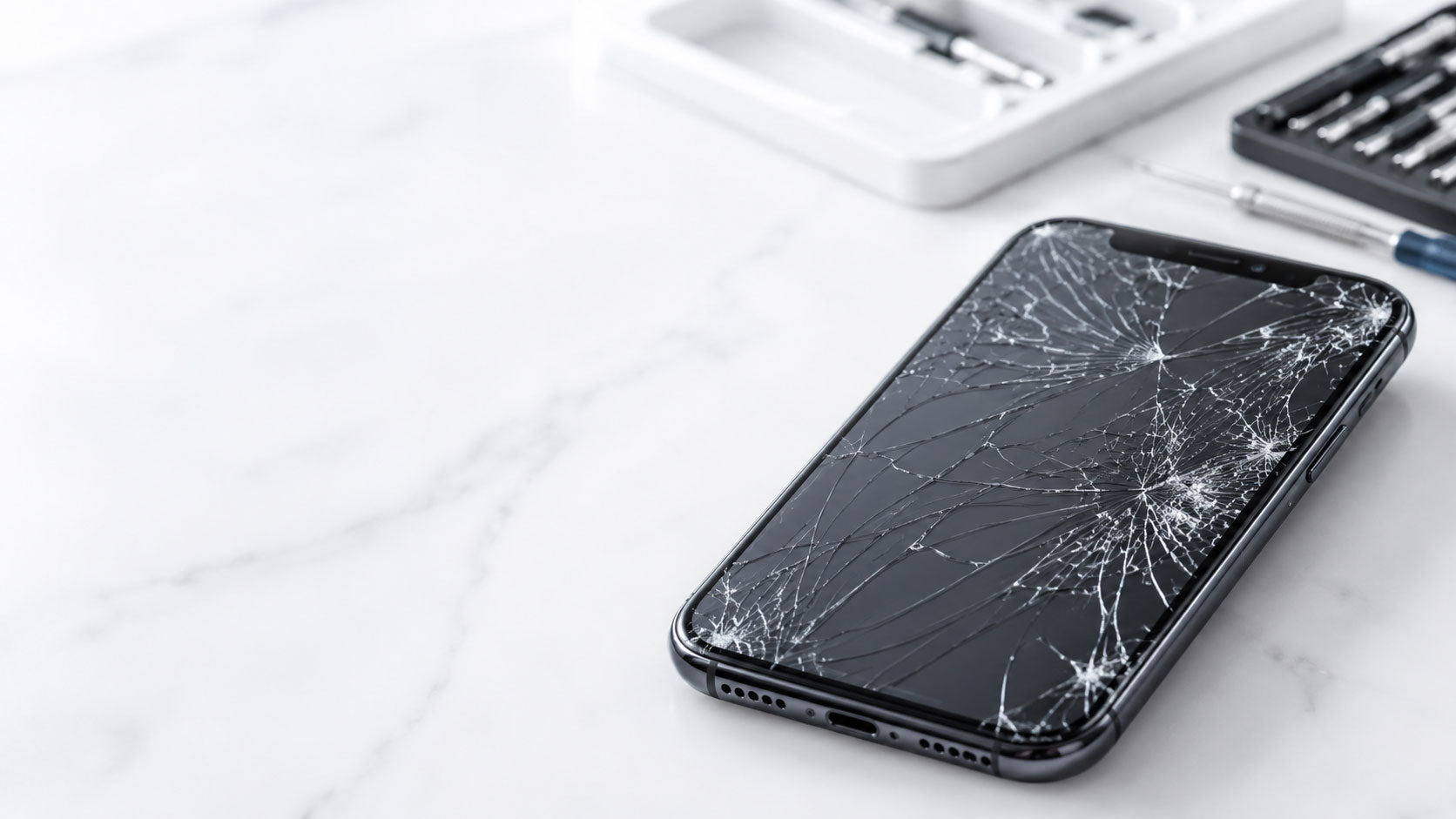 Broken cellphone with cracked screen ready for repair at Clear Power Solutions